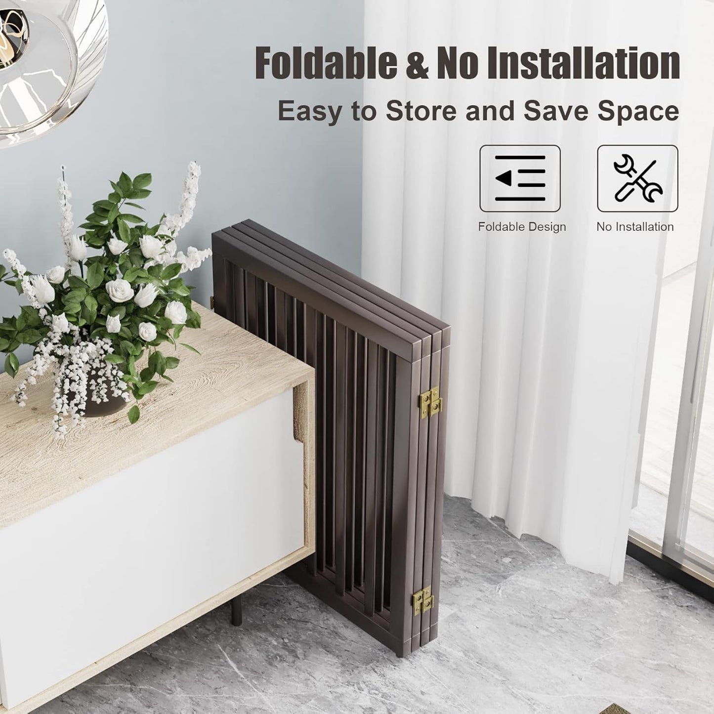 Freestanding Dog Gates Indoor, 3-Panel Pet Gates with 2 Metal Stands and 360° Hinge, 24" H Foldable Dog Gate for Stairs, Doorway, Kitchen, Expands Up to 55" Fully Assembled - Black Walnut