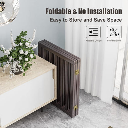 Freestanding Dog Gates Indoor, 3-Panel Pet Gates with 2 Metal Stands and 360° Hinge, 24" H Foldable Dog Gate for Stairs, Doorway, Kitchen, Expands Up to 55" Fully Assembled - Black Walnut
