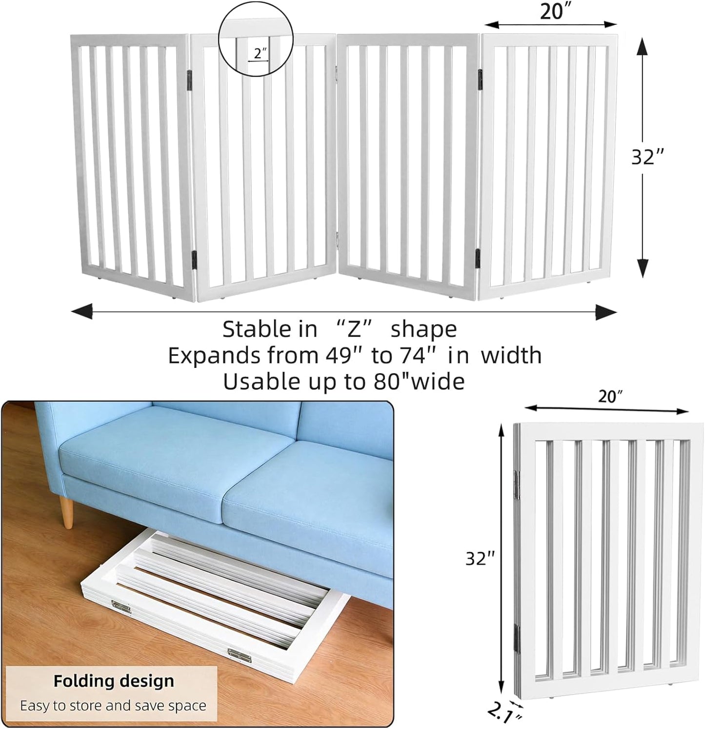 Dog Gate Indoor, Freestanding Dog Fence for The House, Doorways, Hallways,or Stairs,Pet Gate Foldable Wooden,Expandable 24" Height 3 Panels,White