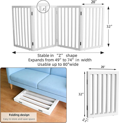 Dog Gate Indoor, Freestanding Dog Fence for The House, Doorways, Hallways,or Stairs,Pet Gate Foldable Wooden,Expandable 24" Height 3 Panels,White