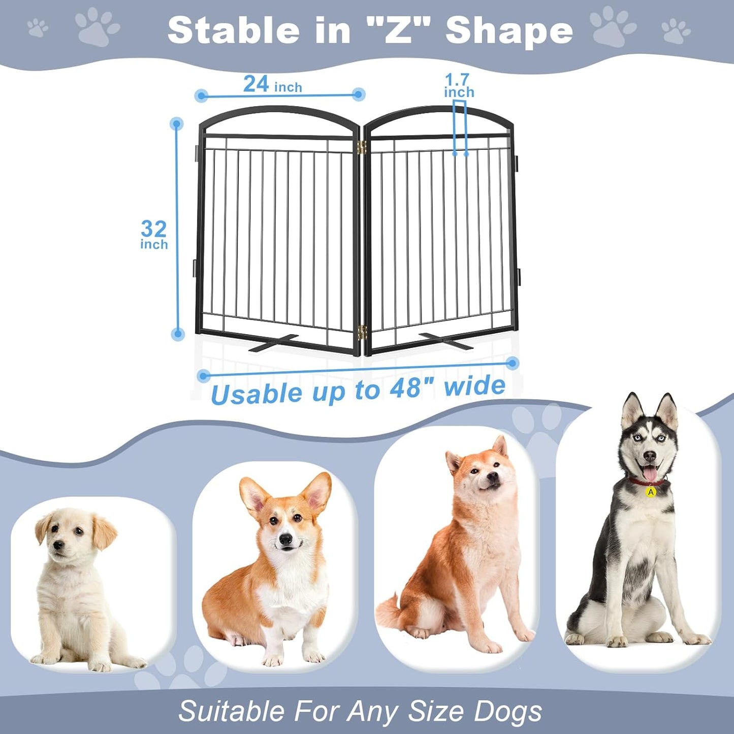 Full Metal Free Standing Dog Gate with Door for Indoor & Outdoor,96'' Extra Wide 32'' Tall Dog Gate for The Doorways,Large Openings,Decks,Porch,Pet Freestanding Safety Fence(4 Panels,Black)