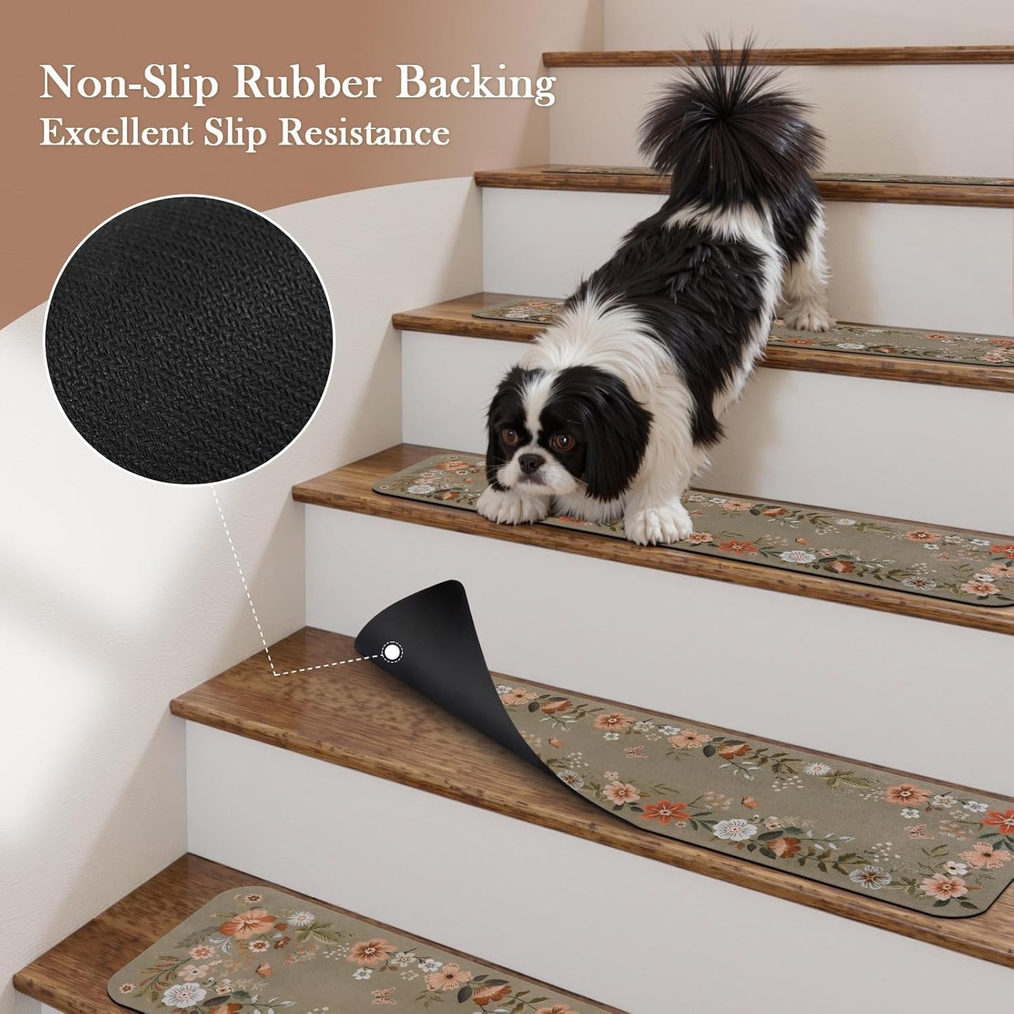 OJIA Floral Stair Treads Non-Slip Carpet Stair Treads for Wooden Steps Indoor 15PCS 30"x8" Stair Runner Stair Mats Staircase Step Treads for Kids, Elders and Dogs, Stair Covers, Black