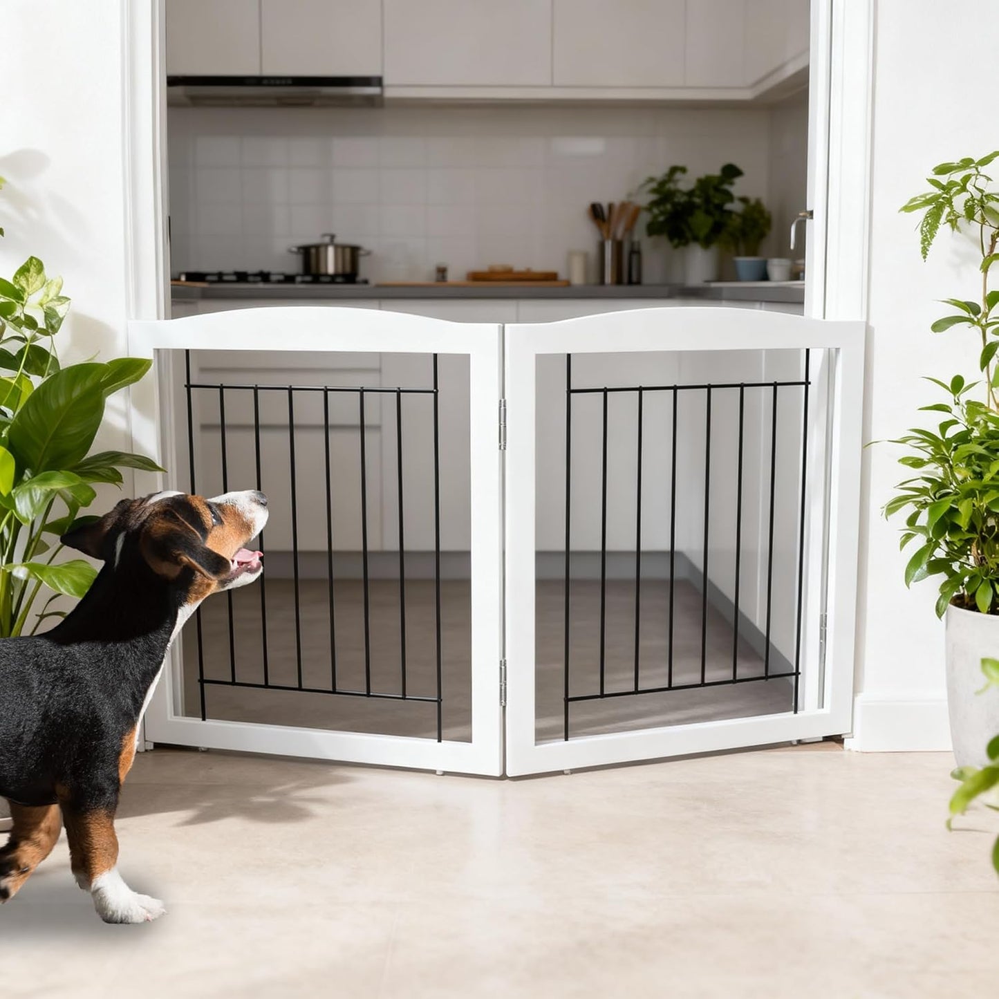 ZJSF Freestanding Foldable Dog Gate for House Extra Wide Wooden White Indoor Puppy Gate Stairs Doorways Pet Gate Tall Dog Fence 3 Panels Fence