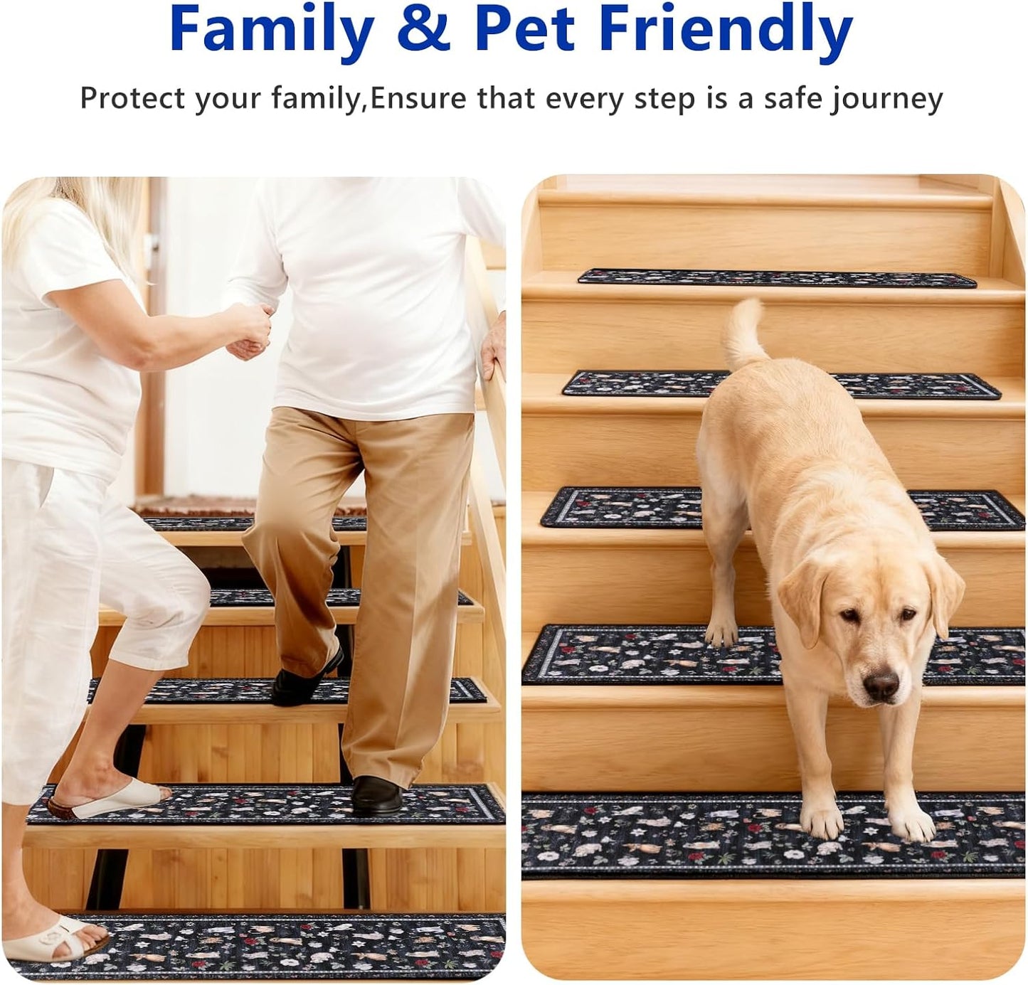 Animal Cat Dog Stair Treads Non Slip for Wooden Steps 15PCS 8"x30" Stair Carpet Treads TPR Backing Soft Stair Runner Washable Reusable Indoor Safety Stair Mats for Elders Kids Dogs Black
