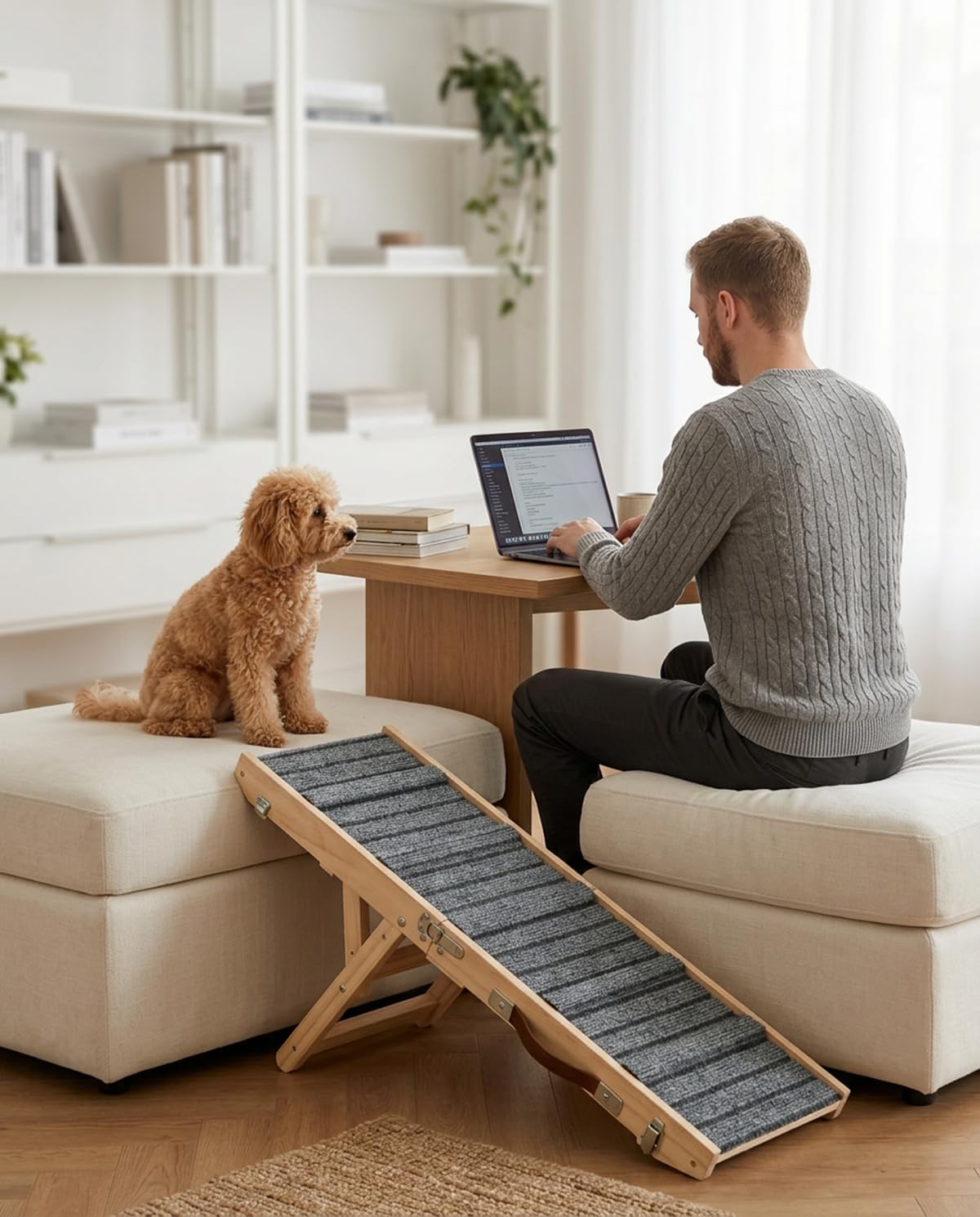 Dog Ramp for Sofa, Couch – Foldable Wooden Pet Ramp with 4 Adjustable Heights, Anti-Slip Surface & Safety Support for Small Dogs, Senior Pets with Joint Pain – Portable Pet Steps Stairs (S)