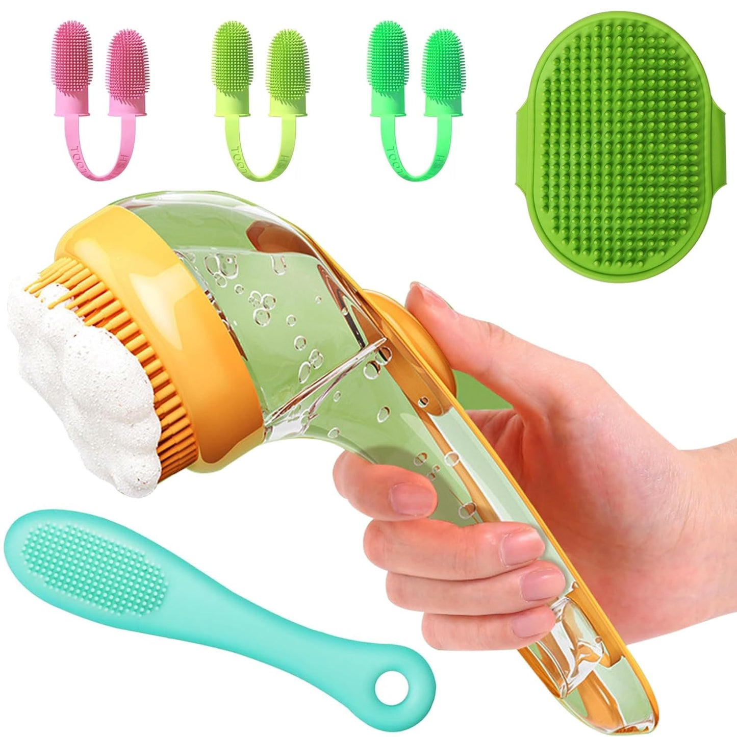 6Pcs Dog Bath Brush Set with Soap Dispenser - Cat Brush & Dog Toothbrush Kit | Silicone Pet Bathing Supplies for Washing, Shower & Shedding | Includes Finger Toothbrush, Scrubber for Small Breed
