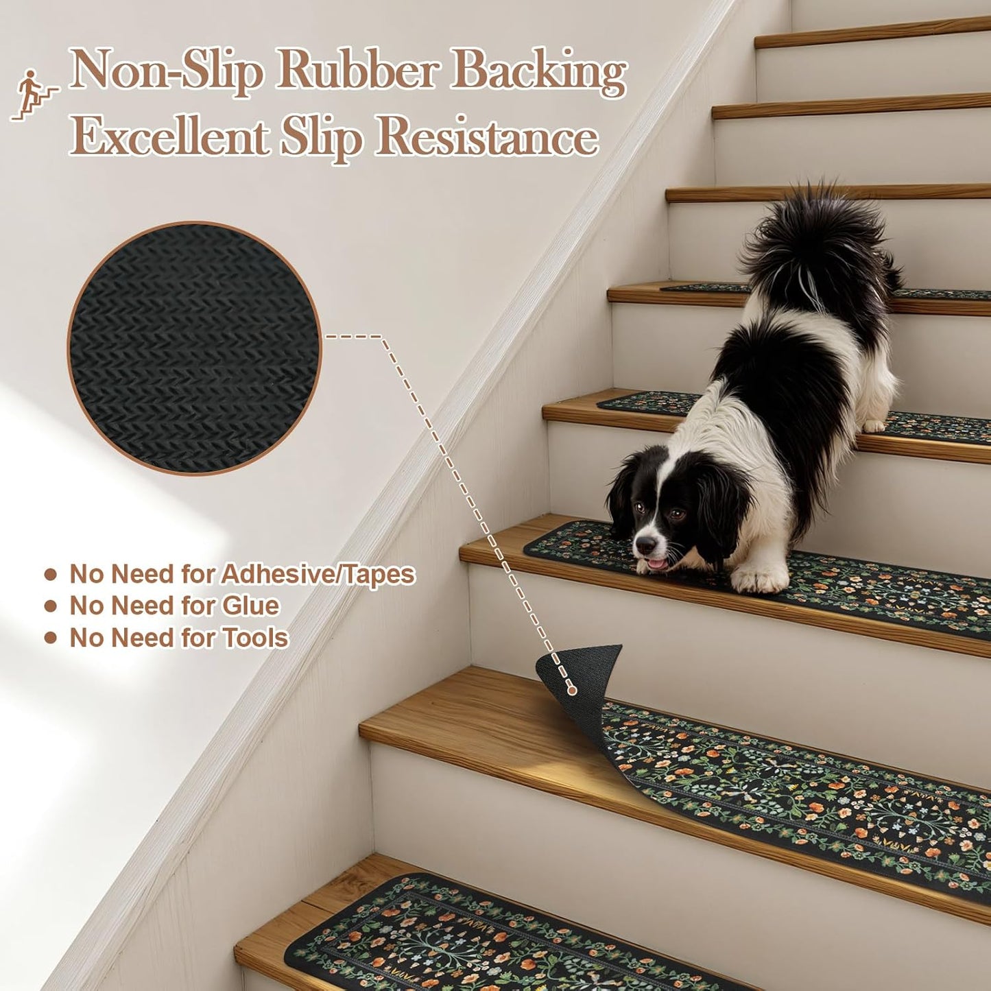 OJIA Floral Stair Treads Non-Slip Carpet Stair Treads for Wooden Steps Indoor 15PCS 30"x8" Stair Runner Stair Mats Staircase Step Treads for Kids, Elders and Dogs, Stair Covers, Black
