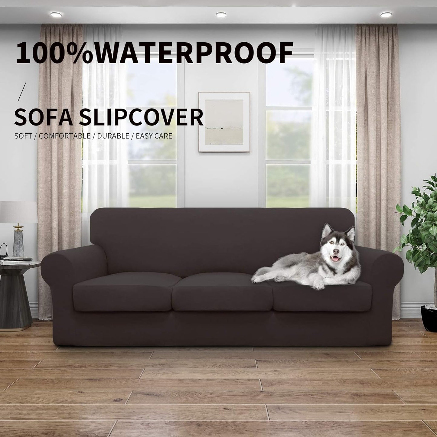 Easy-Going 100% Dual Waterproof 4 Pieces Stretch Soft Couch Cover for Dogs, Sofa Slipcover for 3 Separate Cushion Couch Leakproof Furniture Protector for Kids, Pets Dark Gray