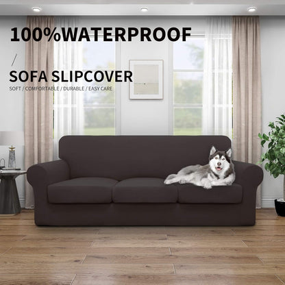 Easy-Going 100% Dual Waterproof 4 Pieces Stretch Soft Couch Cover for Dogs, Sofa Slipcover for 3 Separate Cushion Couch Leakproof Furniture Protector for Kids, Pets Dark Gray
