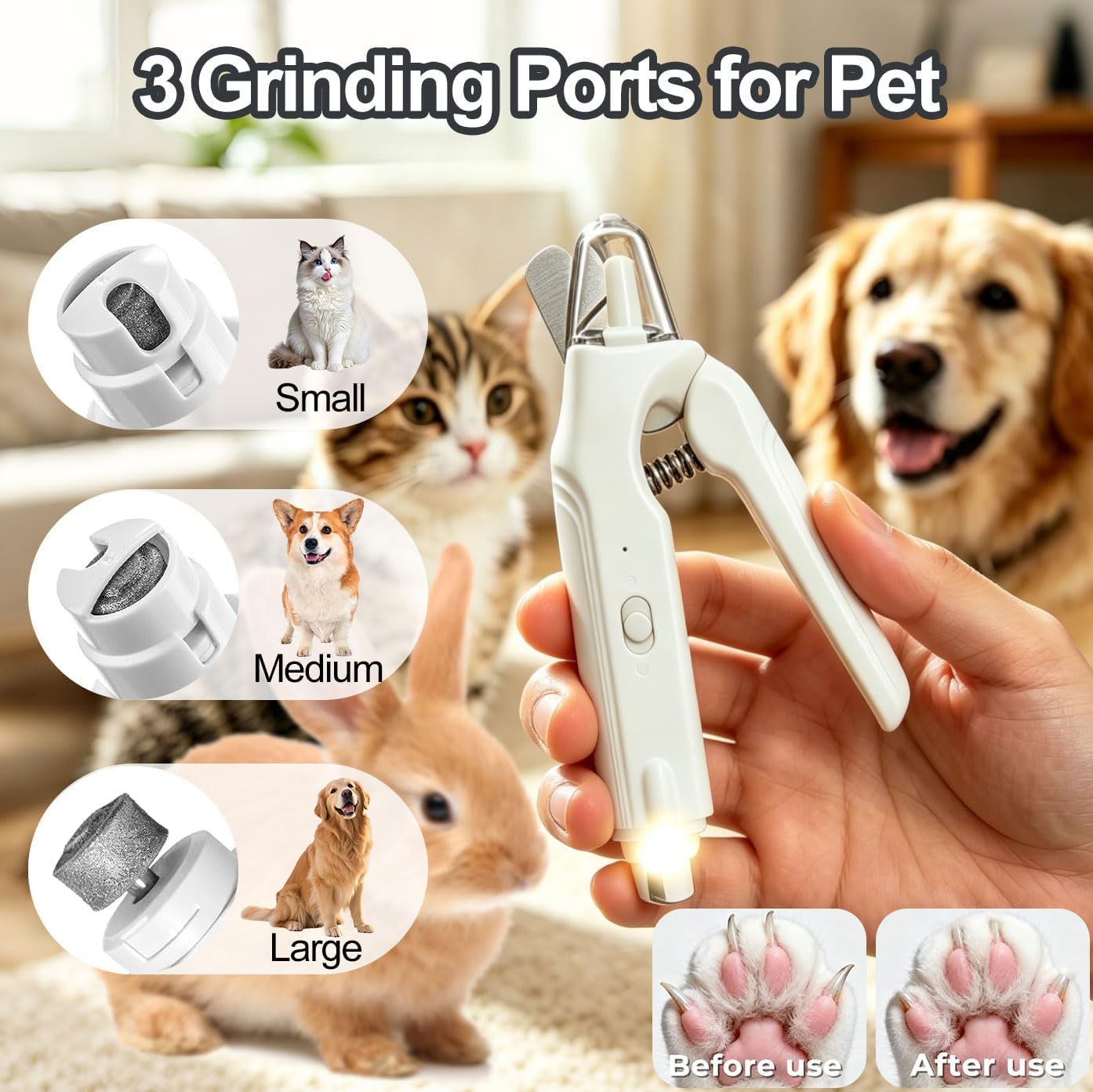 2-in-1 Dog Nail Grinder & Dog Nail Clippers Trimmers for Large Medium Small Dogs Cats Pets Claw Trimmer with LED Lights (White)