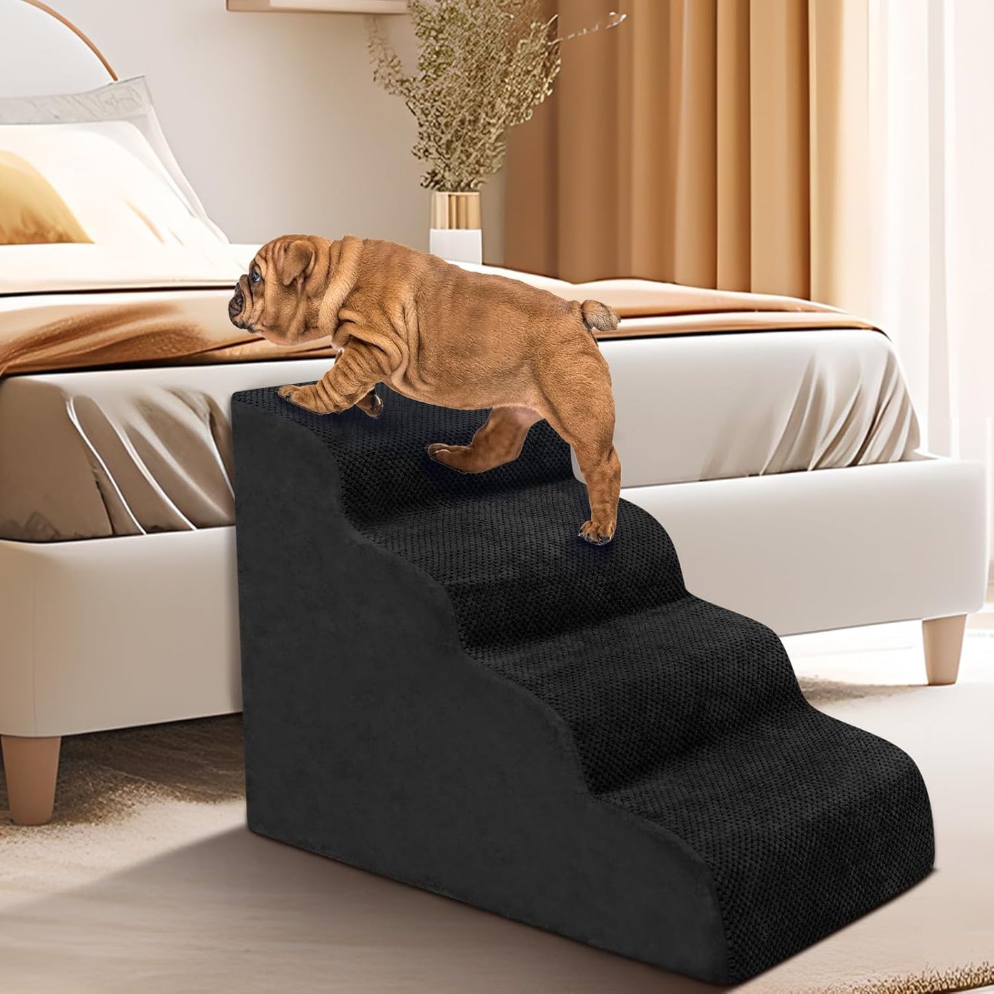 Dog Stairs for Small Dogs - High Density Foam Dog Ramp, Extra Wide Pet Steps with Non-Slip Bottom for High Beds, Couche and Sofa, Best for Pet Injured, Older Dogs Cats (Grey, 4 Steps)