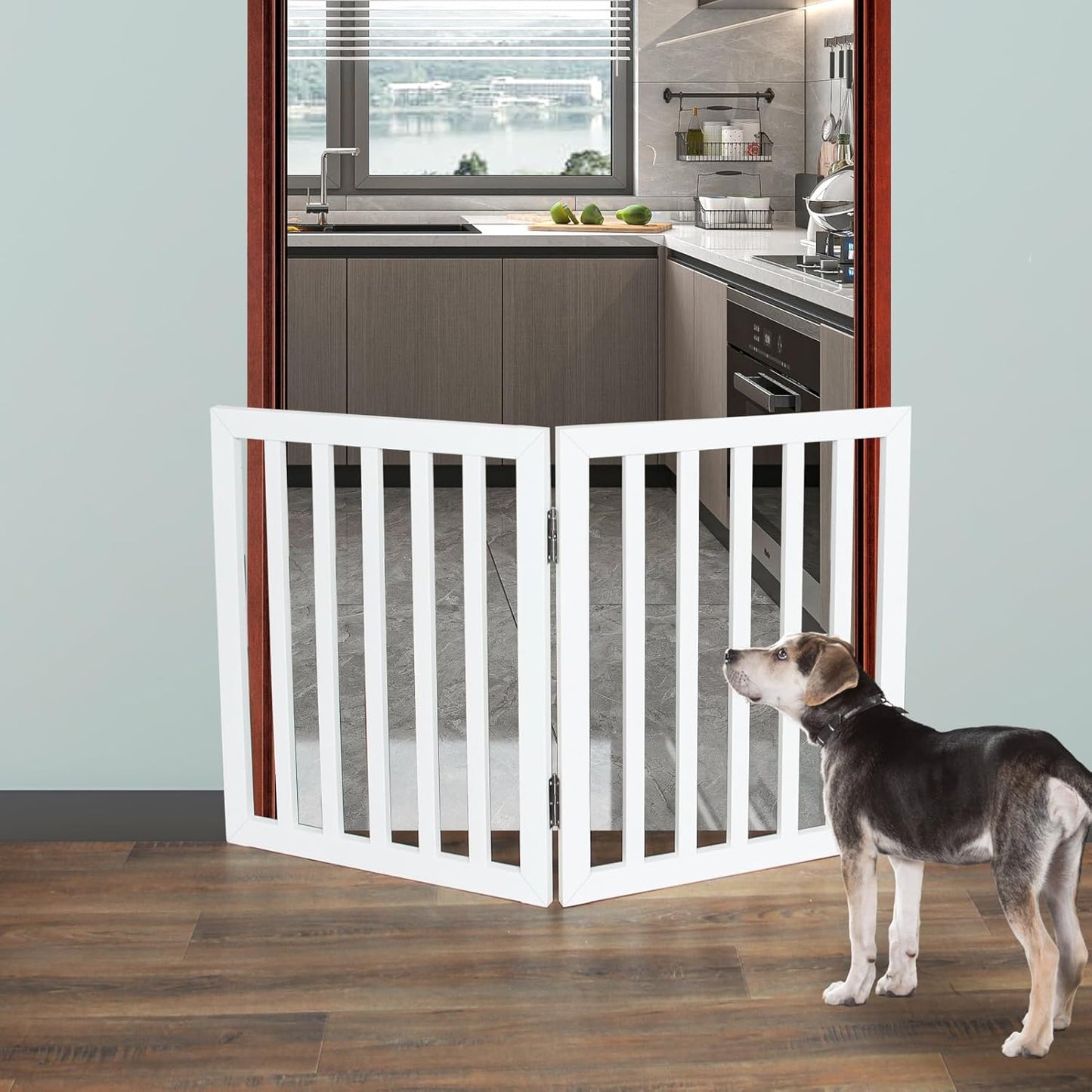 ZJSF Freestanding Indoor Dog Gate for House Foldable Wood Brown Puppy Gate for Doorways Pet Gate for Stairs Extra Wide Pet Fence 24" Height 2 Panels