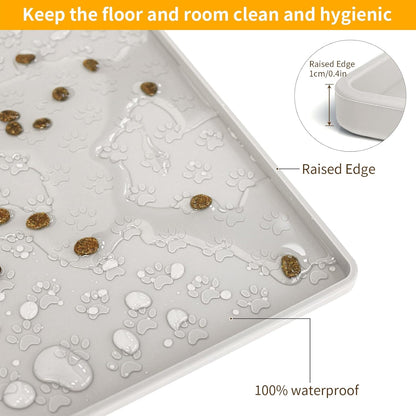 Ptlom Pet Placemat for Dog and Cat, Mat for Prevent Food and Water Overflow, Suitable for Small, Medium and Big Pet, 18" 12", Grey, Silicone