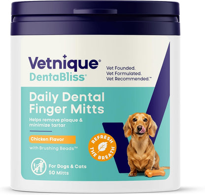 Vetnique Dentabliss Cat & Dog Teeth Cleaning Dental Wipes, Dog Toothbrush Alternative Finger Mitt Pet Wipes, Tartar & Breath Freshener, Vet Formulated Pet Dental Care, 50ct (Peppermint Flavored)