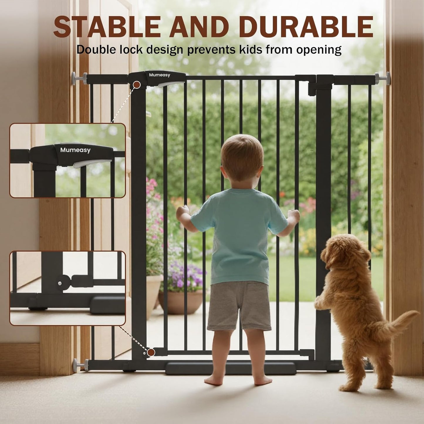 Baby Gate for Stairs, 29.7-40.6" Auto Close Dog Gate Indoor for Doorways, Dual-Lock Design, Adjustable Pet Gate No Drilling with Walk Thru Door for Hallways, Stroller Friendly, Black