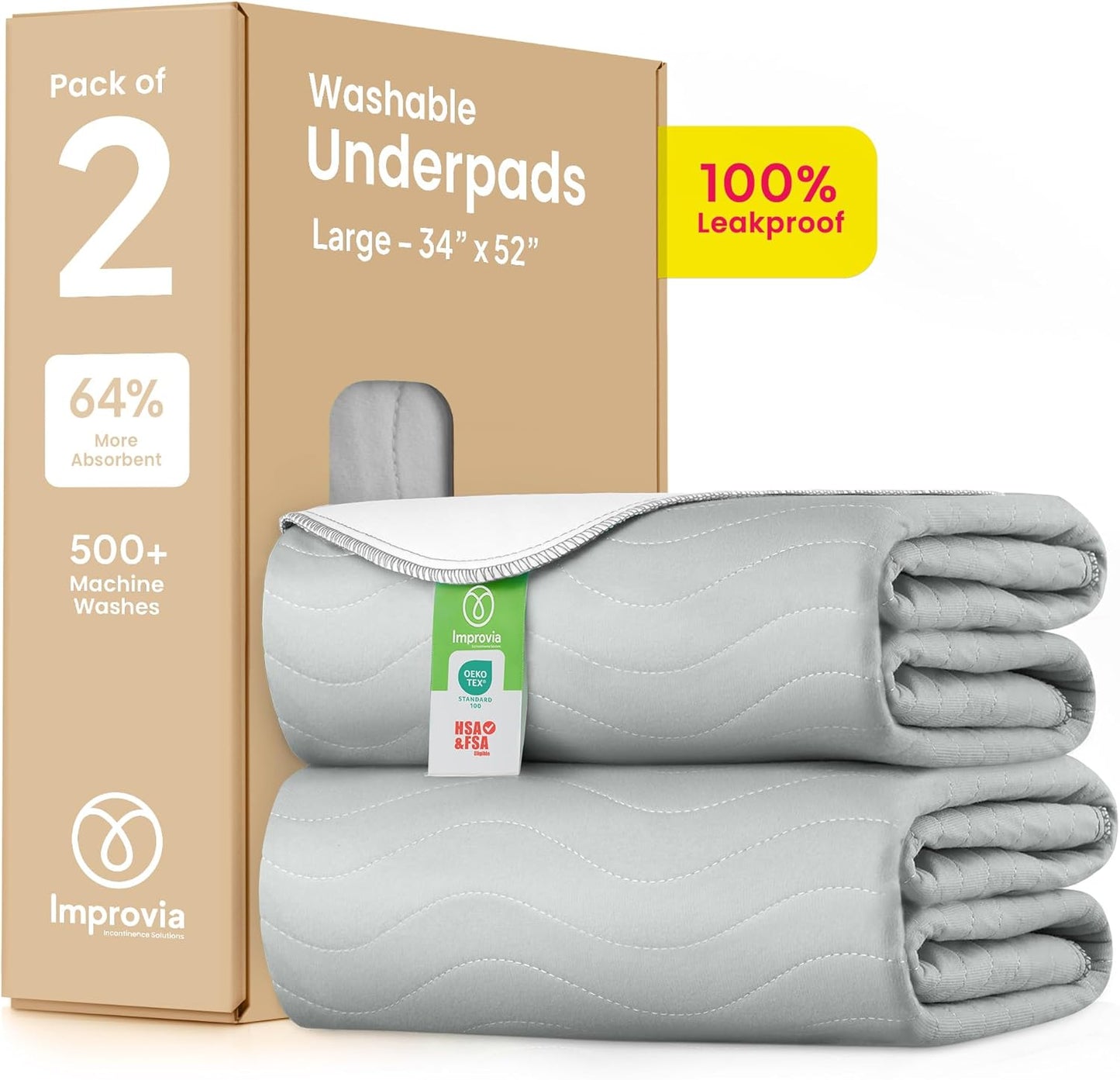 IMPROVIA® Washable Underpads, 34" x 36" (Pack of 4) - Heavy Absorbency Reusable Bedwetting Incontinence Pads for Kids, Adults, Elderly, and Pets - Waterproof Protective Pad for Bed, Couch, Sofa, Floor