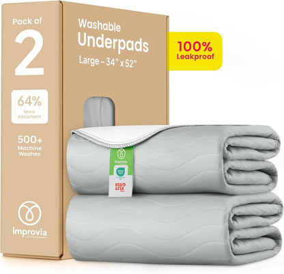 IMPROVIA® Washable Underpads, 34" x 36" (Pack of 4) - Heavy Absorbency Reusable Bedwetting Incontinence Pads for Kids, Adults, Elderly, and Pets - Waterproof Protective Pad for Bed, Couch, Sofa, Floor