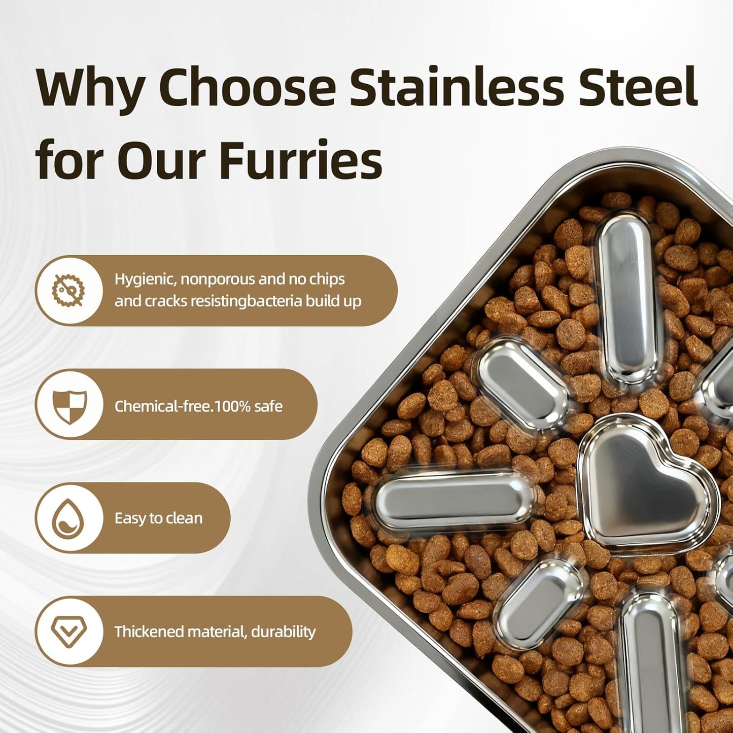 Stainless Steel Slow Feeder Dog Bowls Large & Medium Breed 3 Cups, Food Grade 304, Non-Slip Base, Deep Ridges to Slow Eating, Metal Slow Feeder Dog Bowls, Dishwasher & Chew-Proof & Rustproof