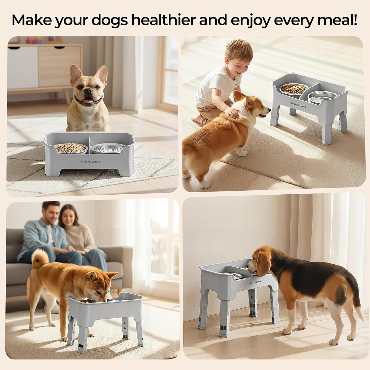 URPOWER 3-in-1 Elevated Dog Bowls - Mess Proof Double Deck 4 Height Adjustable Raised Stand with 2 Stainless Steel Food Bowls & Licking Plate for Small, Medium & Large Dogs