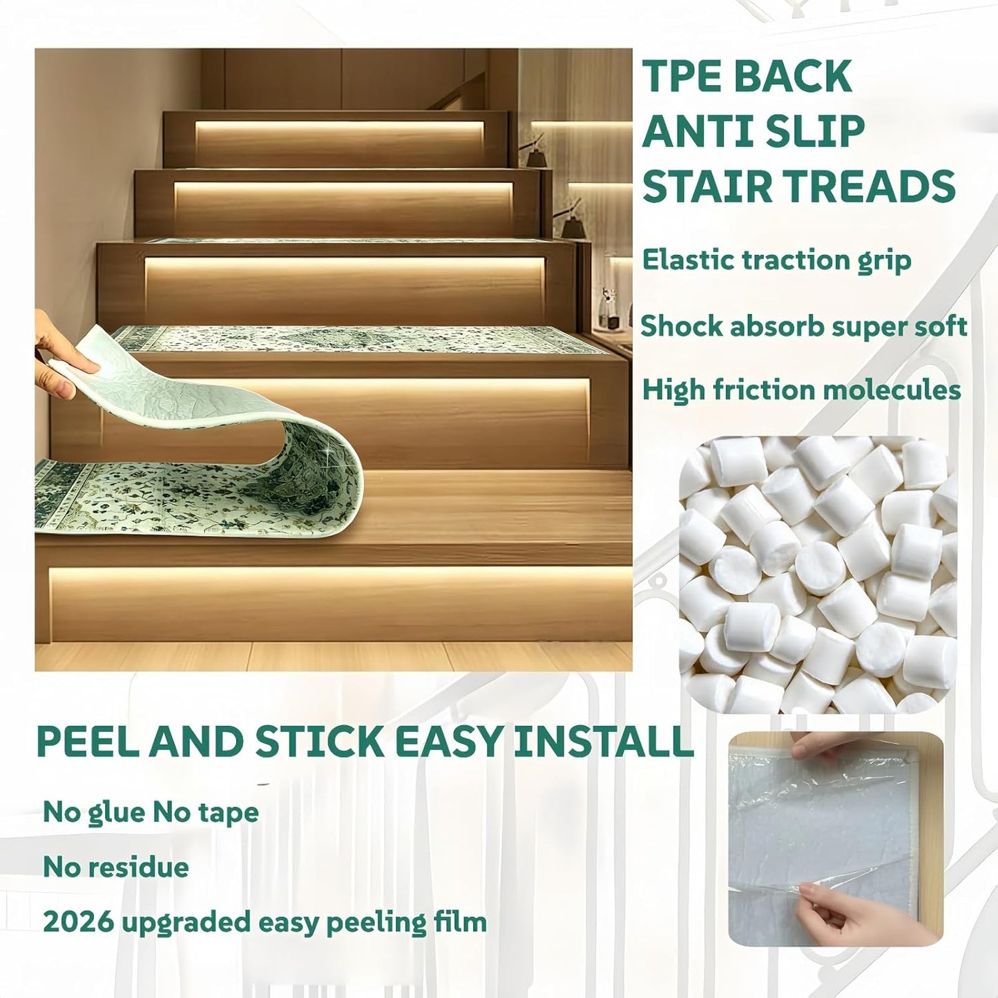 Stair Treads for Wooden Steps, Non Slip Stair Treads Carpet Indoor Residue Free Peel and Stick Washable Stair Covers, Safe for Dogs Kids Elders, Moroccan Beige, 8x30 inch, 4 Pack