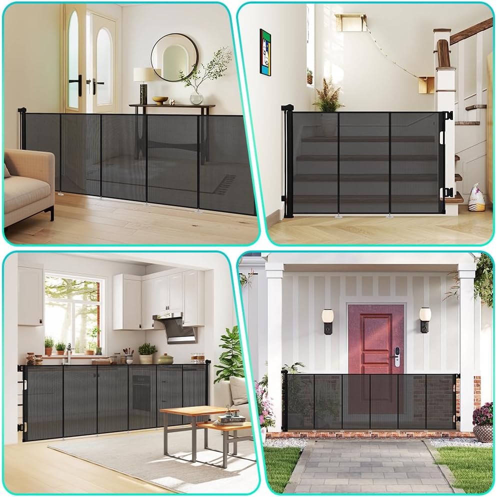 AGESISI Retractable Baby Gate Extra Wide, 149” Wide x 41” Tall Mesh Dog Gates for Stairs & Doorways, Pet Dog Fences One-Hand Operation Child Safety Gate for Indoor or Outdoor, Easy Installation, Black