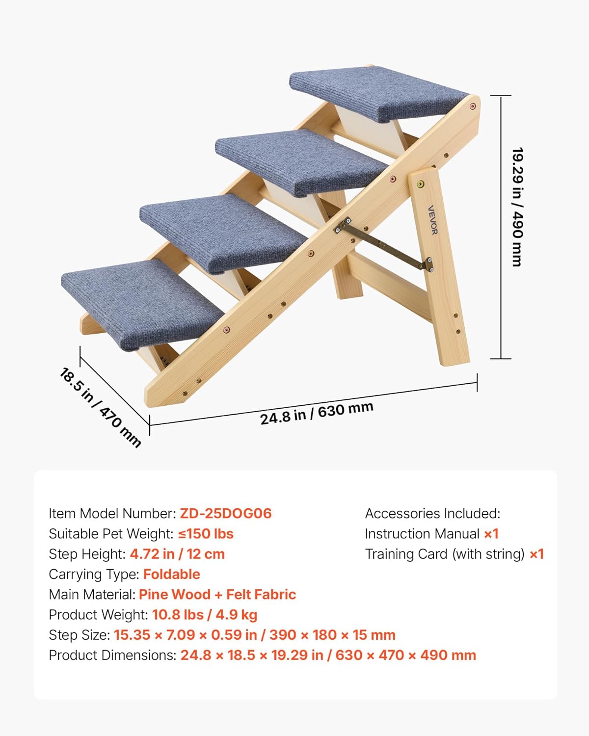 VEVOR Wood Pet Stairs, 2-Step Dog Stairs for Beds, Sofa & Cars, 110lbs Load Capacity, Floded Flat Design, Stable & Sturdy Cat & Dog Step Ladder for Small Medium Large Older Pet Puppy Essentials