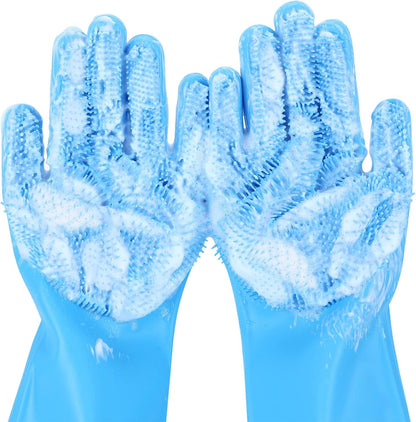 Pecute Pet Grooming Gloves - Heat Resistant Silicone Gloves with High-Density Teeth, Enhanced Five Finger Design for Bathing and Massaging Dogs and Cats, Blue