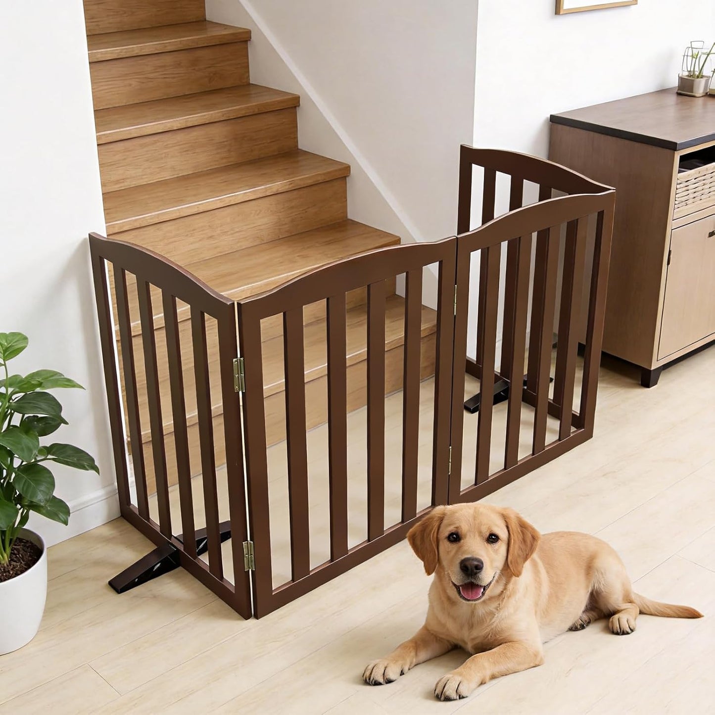 Freestanding Dog Gate Indoor,Doggie Gate Foldable Dog Gates for Doorways,Stairs or Hallways, Wooden White Pet Gate for the House, Pet Fence with Support Feet Included,24 "Height-4 Panels