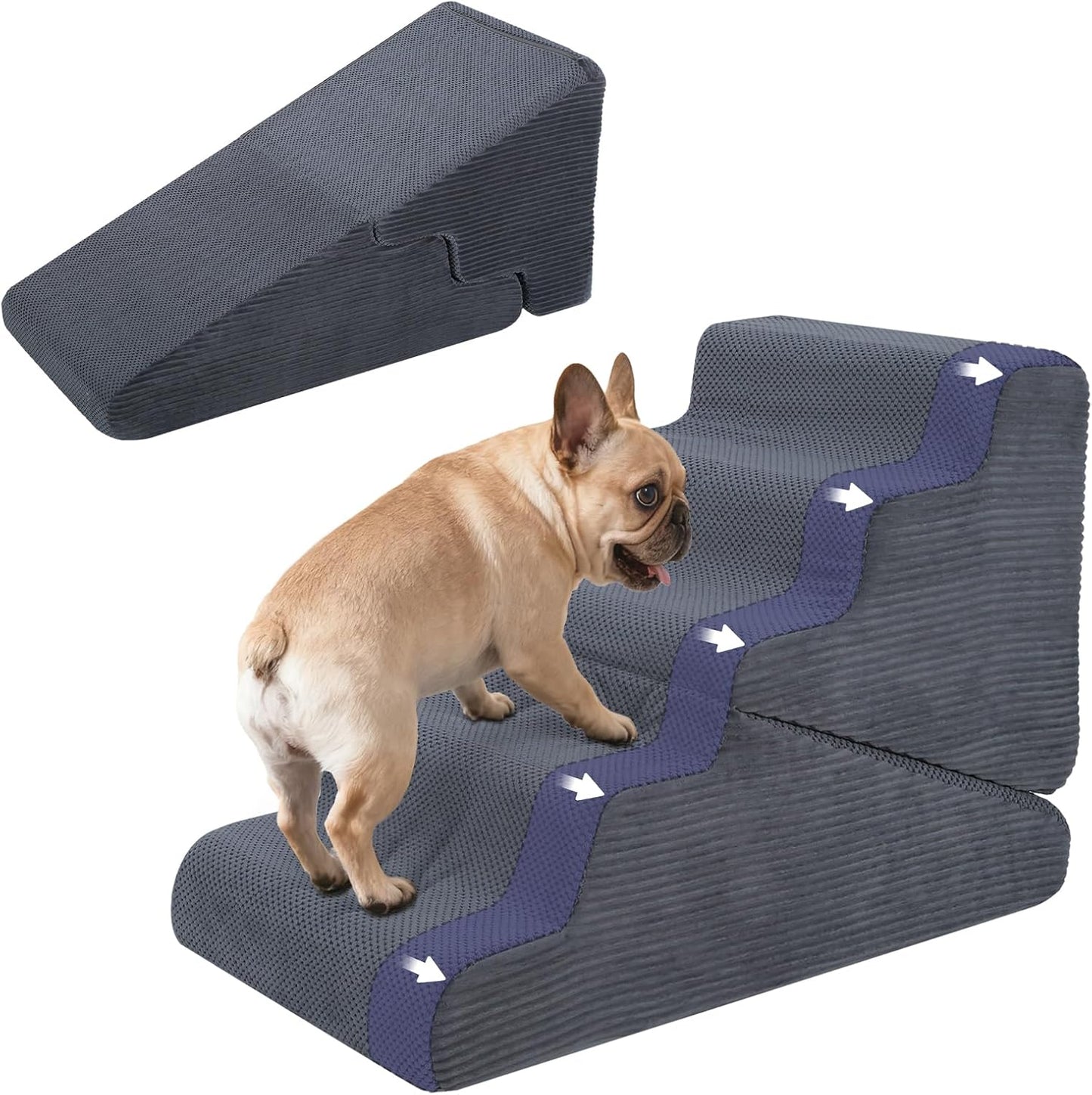 Dog Ramp for Bed, 23" H Dog Stairs for High Bed, 2 in 1 Pet Steps for Small Dogs, 5-Step Foldable Transformable Large Cats Ramp to Get on Couch, Non-Slip Balanced, Grey