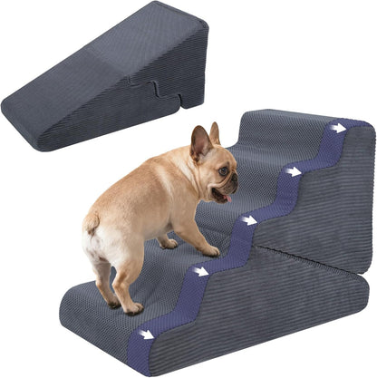 Dog Ramp for Bed, 23" H Dog Stairs for High Bed, 2 in 1 Pet Steps for Small Dogs, 5-Step Foldable Transformable Large Cats Ramp to Get on Couch, Non-Slip Balanced, Grey