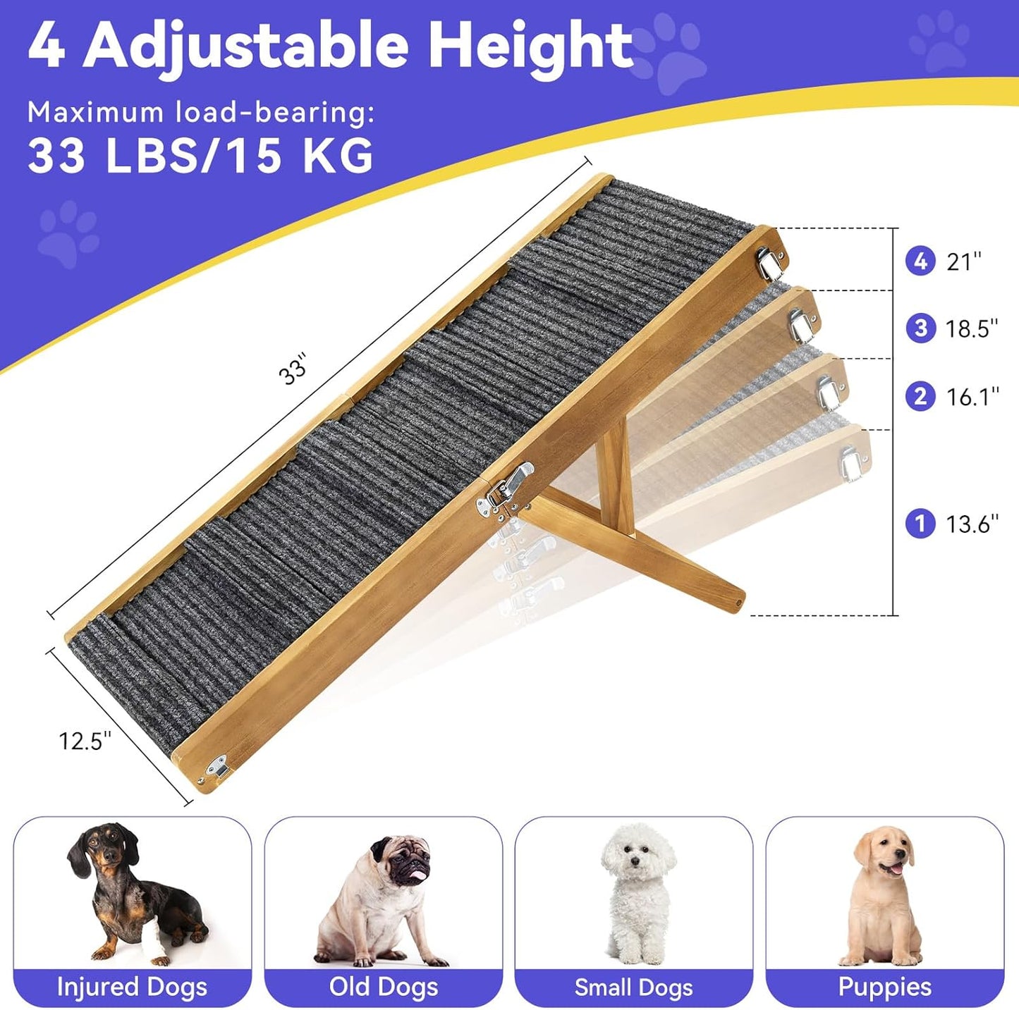 2026 Upgraded Dog Ramp for Couch, Foldable Small Dog Ramp for Sofa, 4 Adjustable Height from 13'' to 21", Portable Stable Pet Steps with Non-Slip Pad, Pet Ramps Use for Sofa Couch Stairs