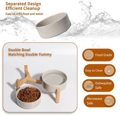Elevated Ceramic Dog Bowl Set - Raised Dog Bowls with Non-Slip Bamboo Stand - Dog Food and Water Bowl Set - Double Dog Feeding Bowls - Suitable for Small and Medium Dogs - 28.74 OZ - 3.6 CUPS - 850 ML