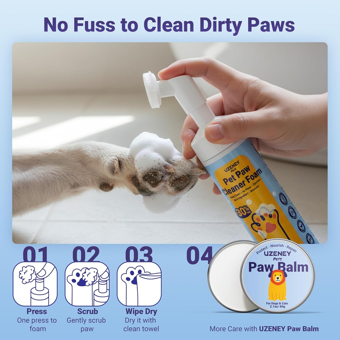 Paw Cleaner for Dogs and Cats, No-Rinse Puppy Paw Washer, Larger 7oz Dog Foaming Foot Cleanser with Scrubber Brush for Dirty Paws, Safe and Hypoallergenic, Dog Essential and Grooming Supplies