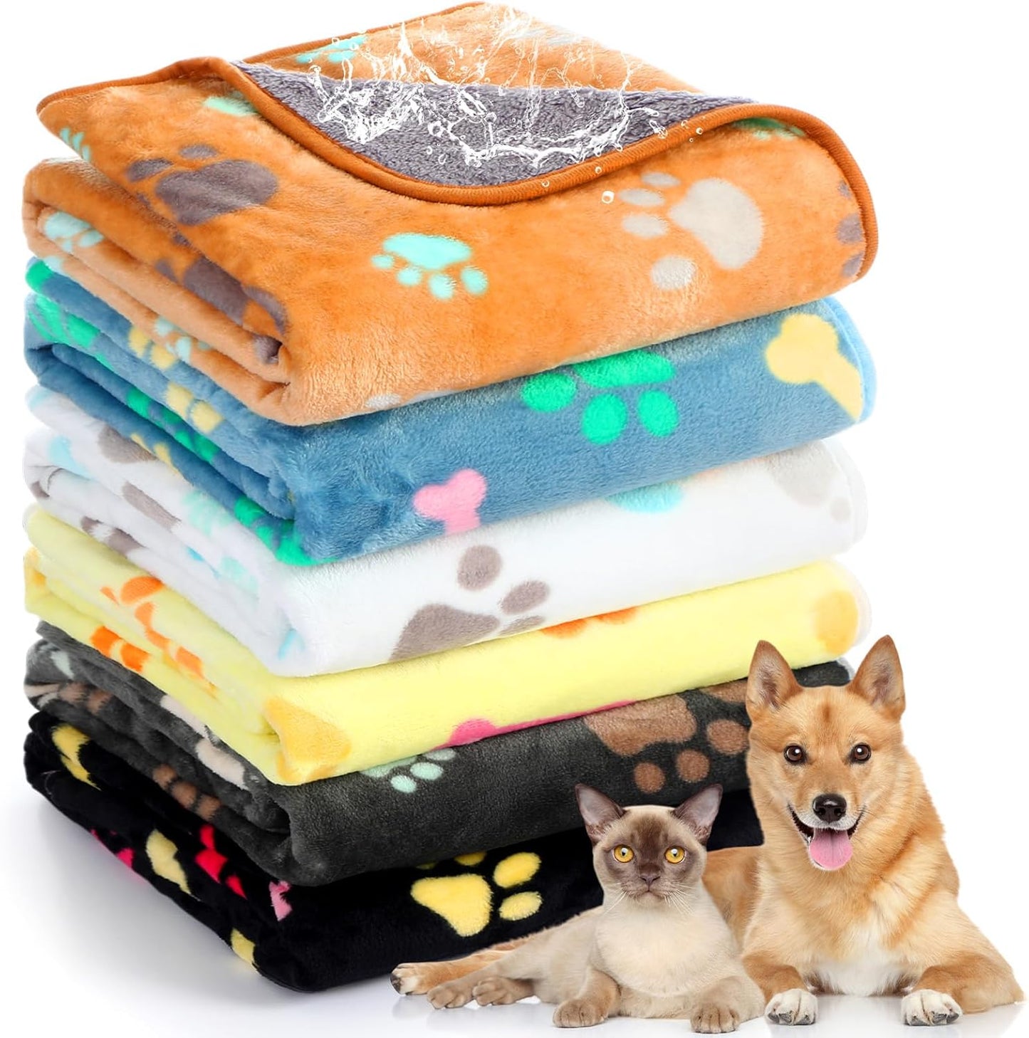 Tegeme 6 Pcs Waterproof Dog Blanket 24 x 16 Inch Paw Print Pet Blanket for Dogs Cats Puppy Washable Soft Fluffy Fleece Rug Flannel Throw Warm Sleep Mat for Kitten Doggy