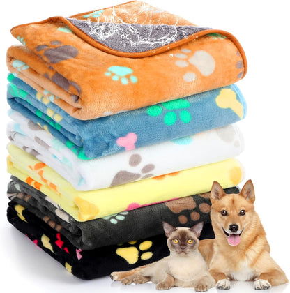 Tegeme 6 Pcs Waterproof Dog Blanket 24 x 16 Inch Paw Print Pet Blanket for Dogs Cats Puppy Washable Soft Fluffy Fleece Rug Flannel Throw Warm Sleep Mat for Kitten Doggy