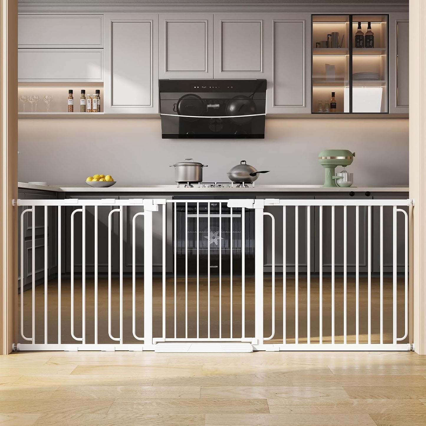 Extra Wide Baby Gate with Door 53.4-62 Inch Pressure Mounted, Auto Close Child Baby Gates for Doorways No Drill, Walk Through Dog Gate Indoor for The House, White