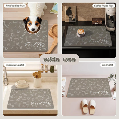 Le courant Dog Cat Feeding Mat,Water Absorbent, Non Slip Placemat for Pets Bowl and Water,100% Waterproof Feeding Mats for Multiple Breeds.Grey.Bone Printing