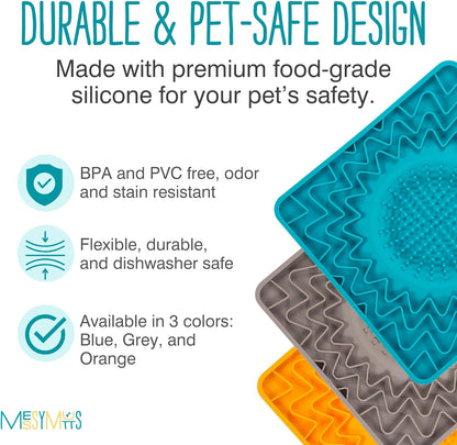 Messy Mutts Silicone Therapeutic Licking Bowl Mat | 10" x 10" | Slow Feeder Mat for Boredom & Anxiety | Lick Pad for Dogs & Cats (Blue)