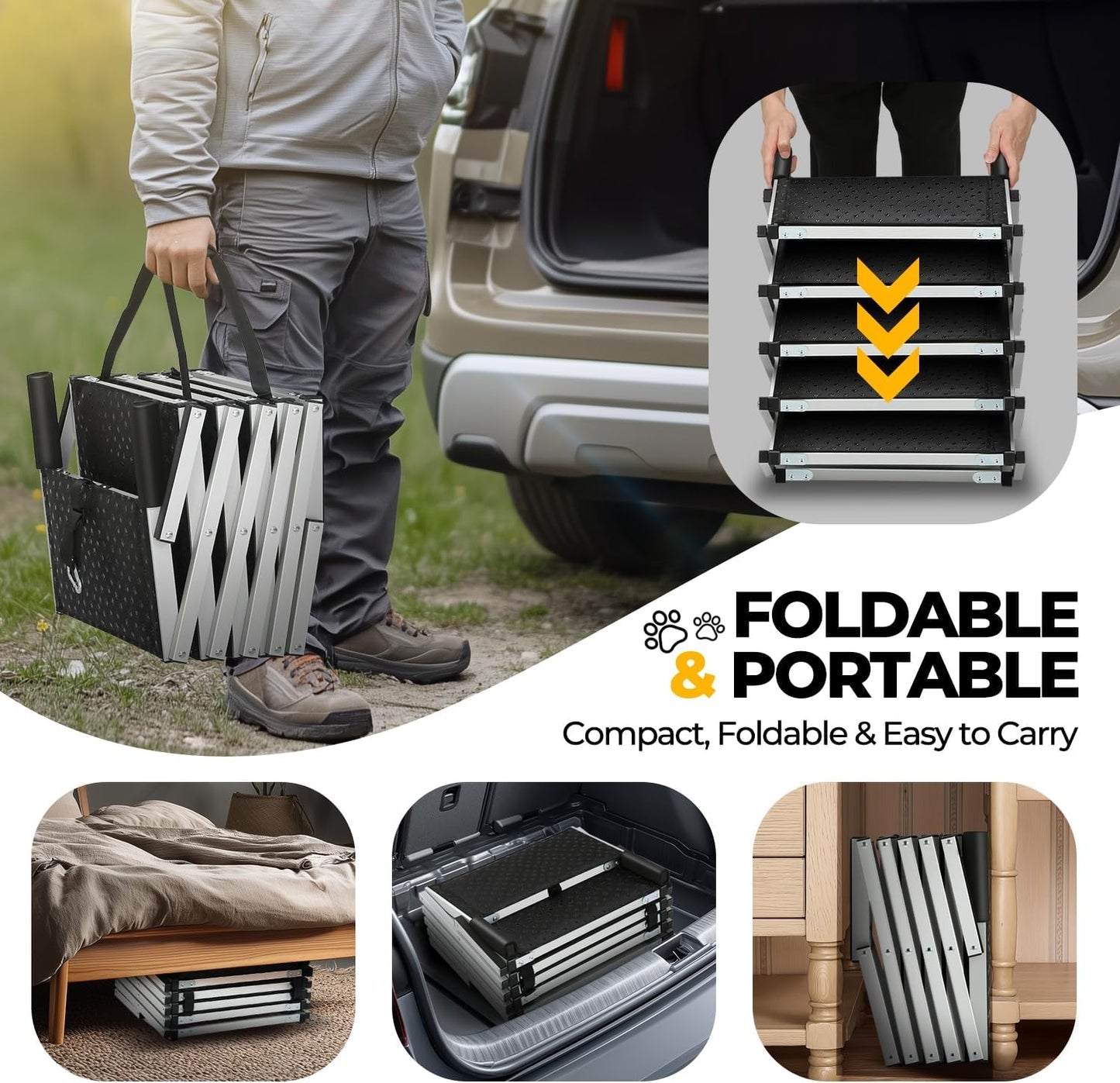 Auto Dynasty Dog Stairs for Car - 4 Steps Wide 31.4in High 25in Foldable Dog Ramp for Car Non-Slip Surface Support up to 150lbs - Suitable for SUV,Truck, Sofas, Bed/Couch