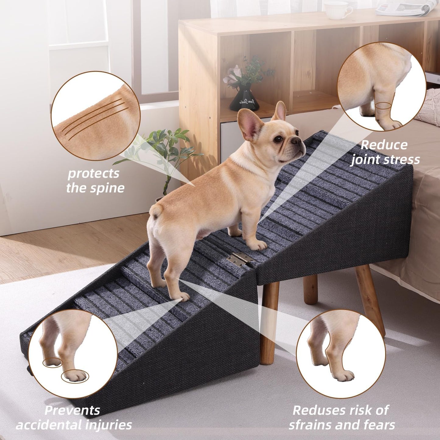 17.13" H Dog Stairs for Small Dogs, 2-in-1 Pet Steps & Ottoman - Foldable Dog Stairs for Couch, Non-Slip Wooden Pet Stairs for Puppy Senior Injured Dogs