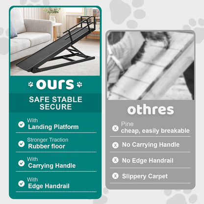 Dog Ramp for Bed, Adjustable Pet Ramps for Dog to Get on Bed, Non-Slip Rubber Surface - Folding Wooden Dog Ramp for Small/Large/Old Dogs, Adjustable up to 27.5 inch High Beds, Safety Railings