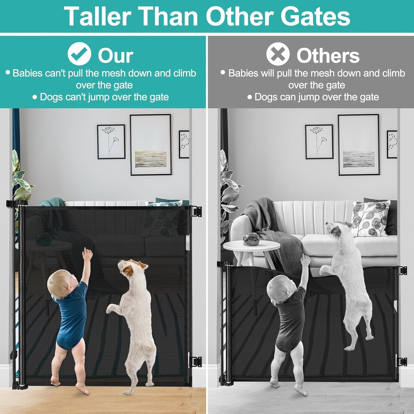 42 Inch Extra Tall Dog Gate Indoor 55” Wide Puppy Gates for The House Prevent Kids/Pets from Jumping Over Retractable Extra Tall Baby Gates for Doorways Retractable Outdoor Pet Gate for Stairs, Black