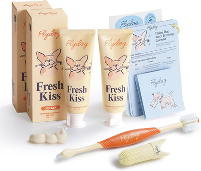 FlyDog Fresh Kiss Dog Tooth Brushing Kit - Vet Approved Formula, Enzymatic Dog Toothpaste and Brush - Breath Freshener & Tartar Remover, 360° Toothbrush & Finger Brush, Dental Guide, Coconut Flavor