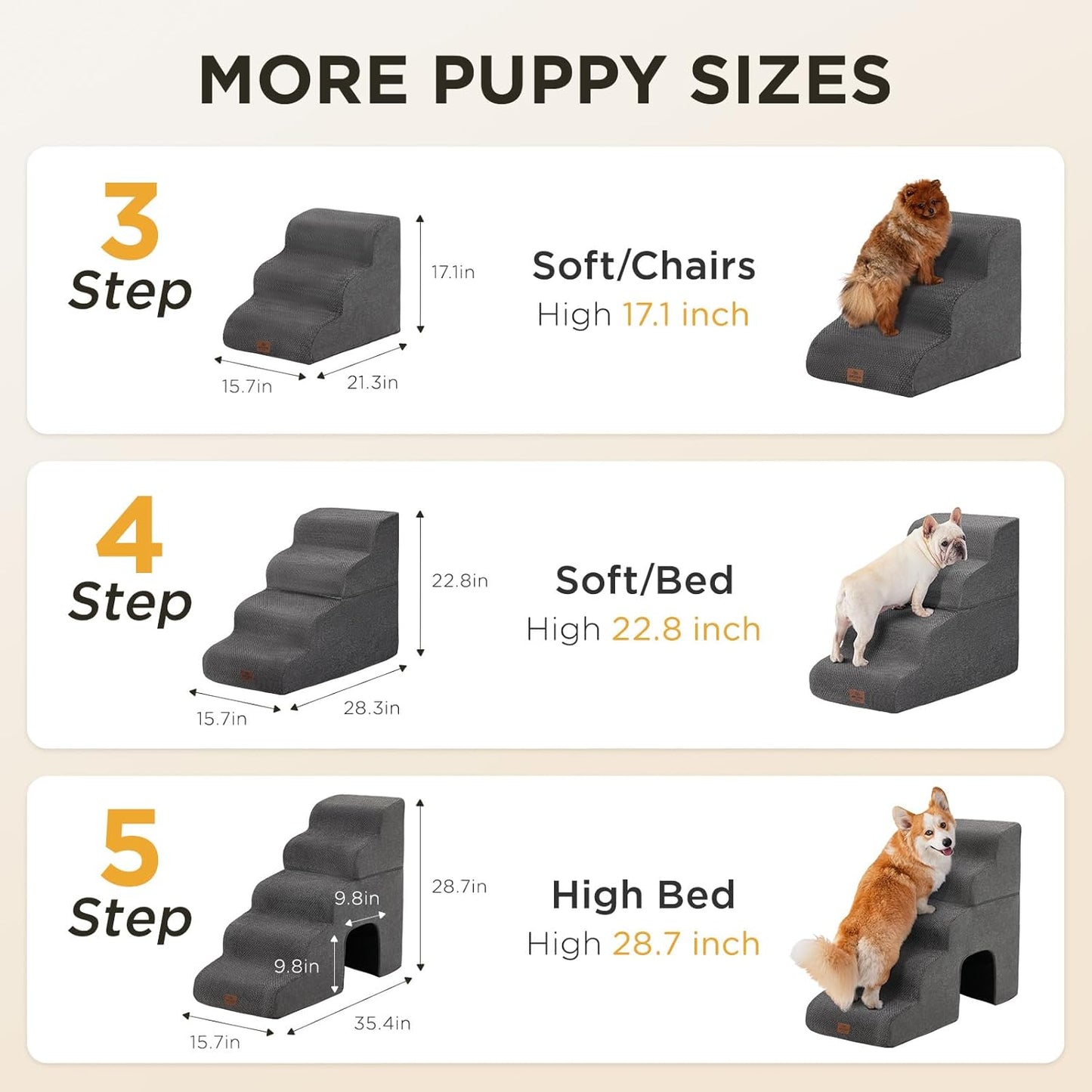 Joydeco Dog Stairs for Bed 17.1" H, 3-Step Pet Steps for Small Dogs and Cats, Dog Steps for High Bed, Non-Slip Balanced Ramp Indoor Pet Stairs, Beige