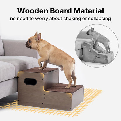 Veehoo Dog Stairs for Bed Couch with Storage 12" H 20" W, 2 Steps Wooden Steps for Dogs to Get on Bed with Non Slip Rug, Joint Friendly Pet Cat Stairs Puppy Doggy Ramp Ladder for Small to Large Dogs