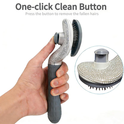 Diamond Rhinestone Cat Hair Brush Deshedding Brush Dog Hair Remover Tool Stainless Steel Comb Slicker Brush with Release Button for Dog Cat Rabbit Shedding Pets Grooming (Pink)