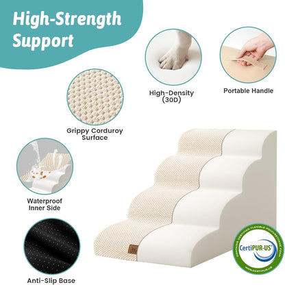 COZY KISS Dog Stairs for Small Dogs 15.7" H, 4-Step Sturdy Foam Dog Steps for Couch and Bed, Curved Pet Stairs for Puppy and Older Cat, Doggie Ladder with Washable Cover, 15.7x28.3x15.7 inch, Beige