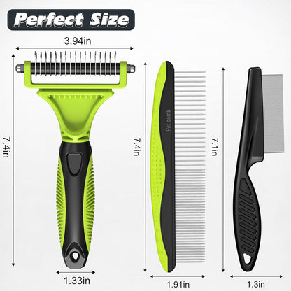 3PCS Pet Grooming Rake & Metal Comb & Flea Comb for Cats and Dogs, Double-Sided Dematting Tool, Extra-Wide Deshedding Dog Brush for Long Hair to Effectively Remove Tangles, Knots and Mats (Blue)