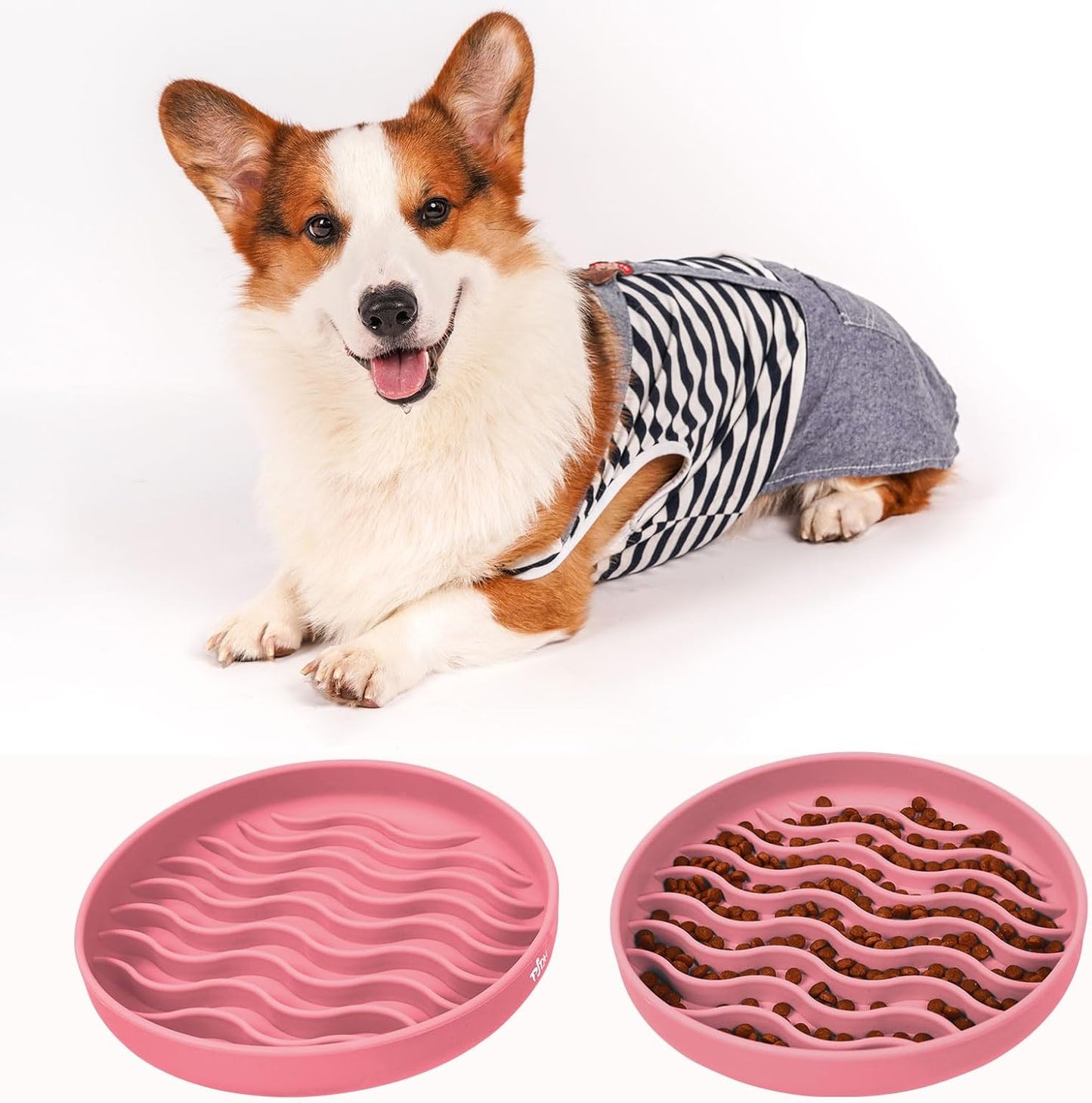 Slow Feeder Dog Bowls, Silicone Food Bowl Anti-Gulping, Pets Puppy Slow Feeder with Suction Cups, Dishwasher Microwave Safe for All Small Medium Dogs, Wave Design Blue