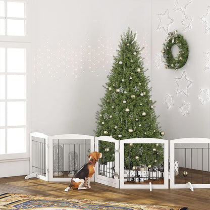 PAWLAND Free Standing Dog Gates for The House Stairs Doorways Indoor Foldable Wooden Small White Puppy Pet Gate Step Over Fence 60" W 24" H 3 Panels